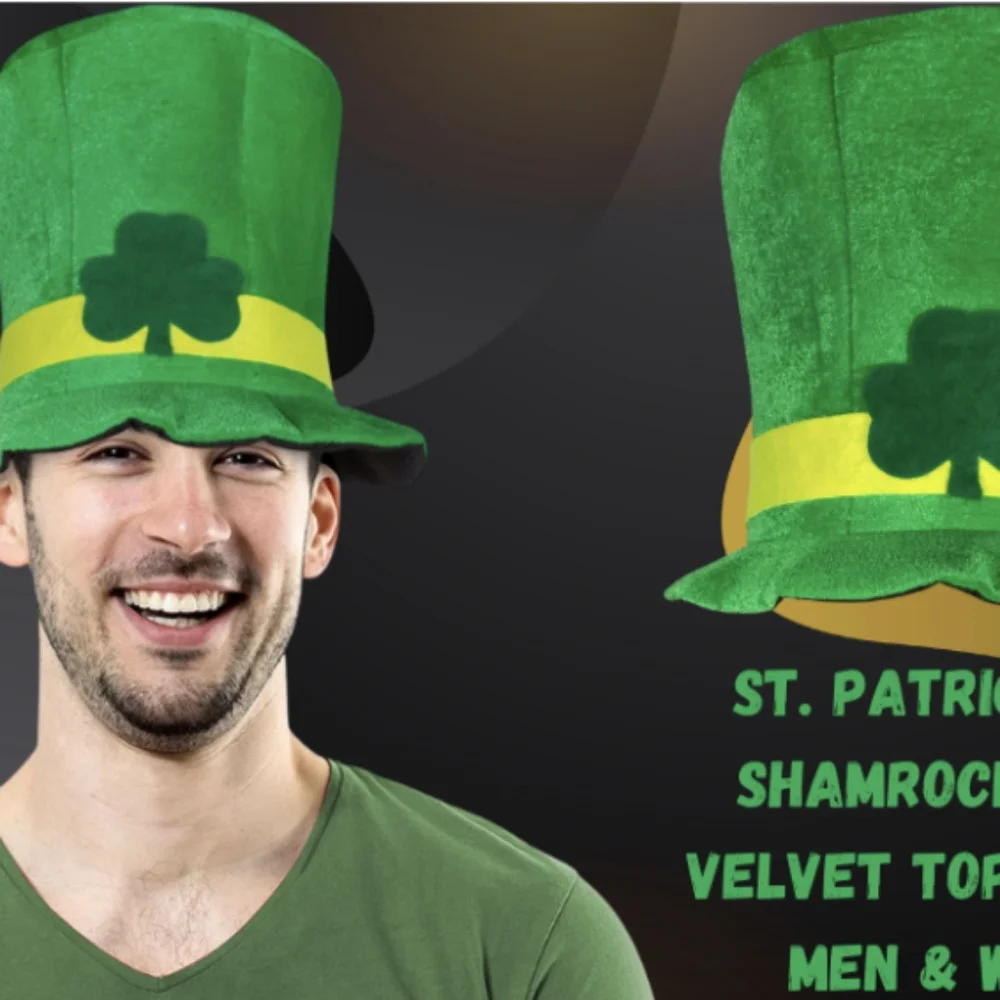 St. Patrick's Green Velvet Shamrock Top Hat - Festive Felt, New